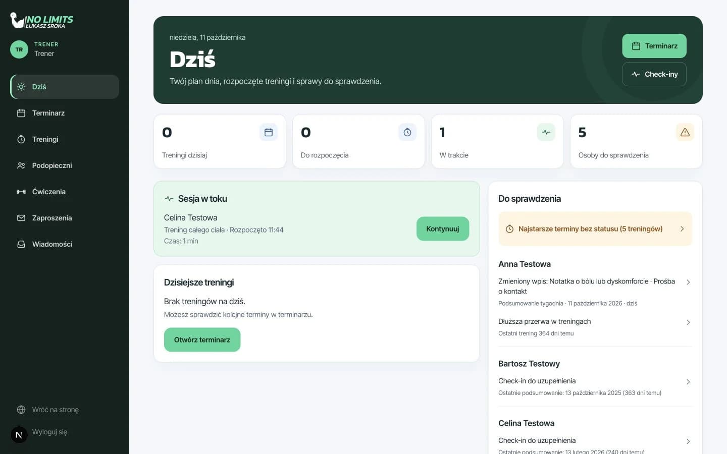 Trainer Today dashboard with the daily schedule and items to review, using test data