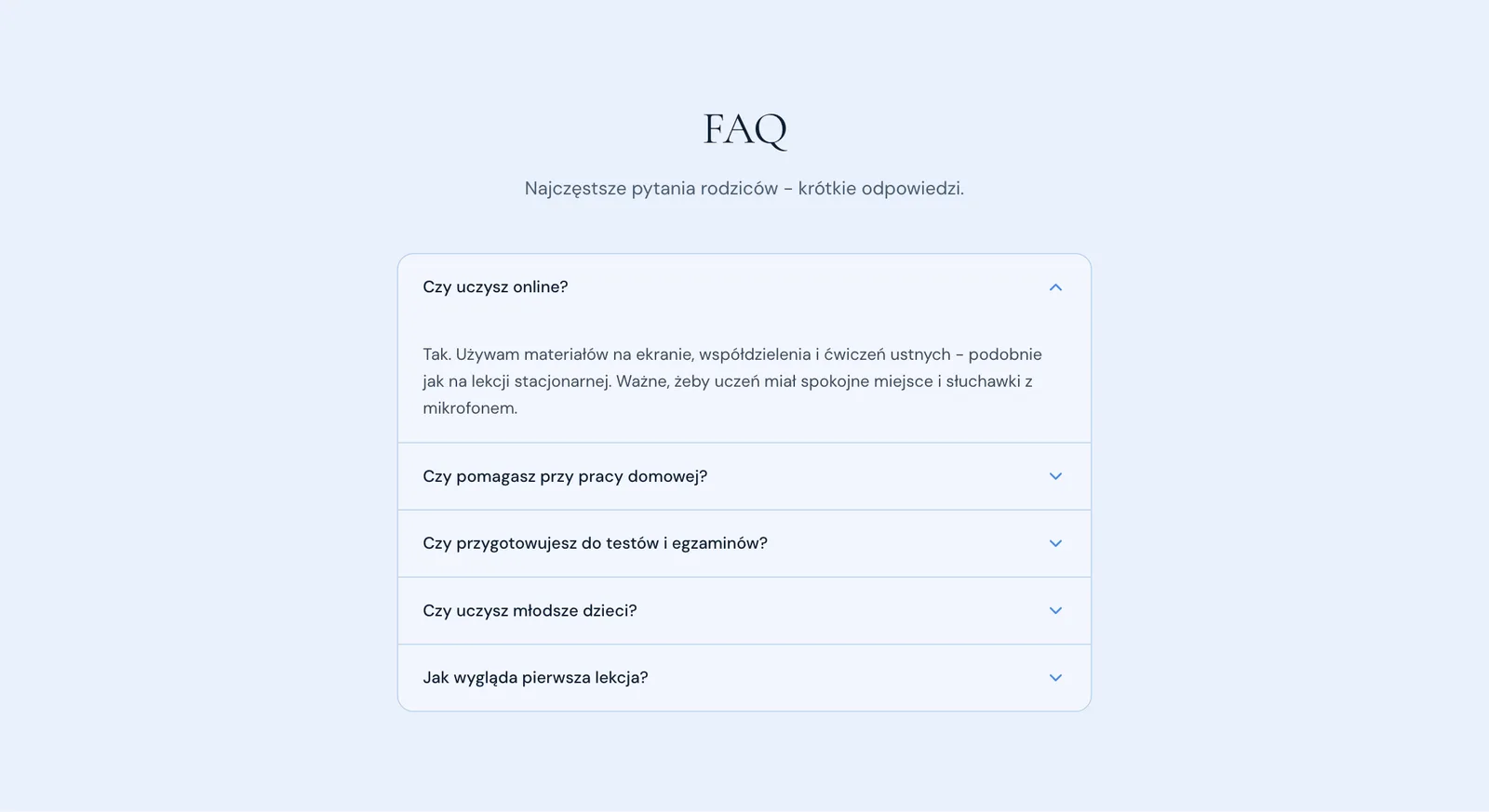 Sekcja FAQ z pytaniami rodziców