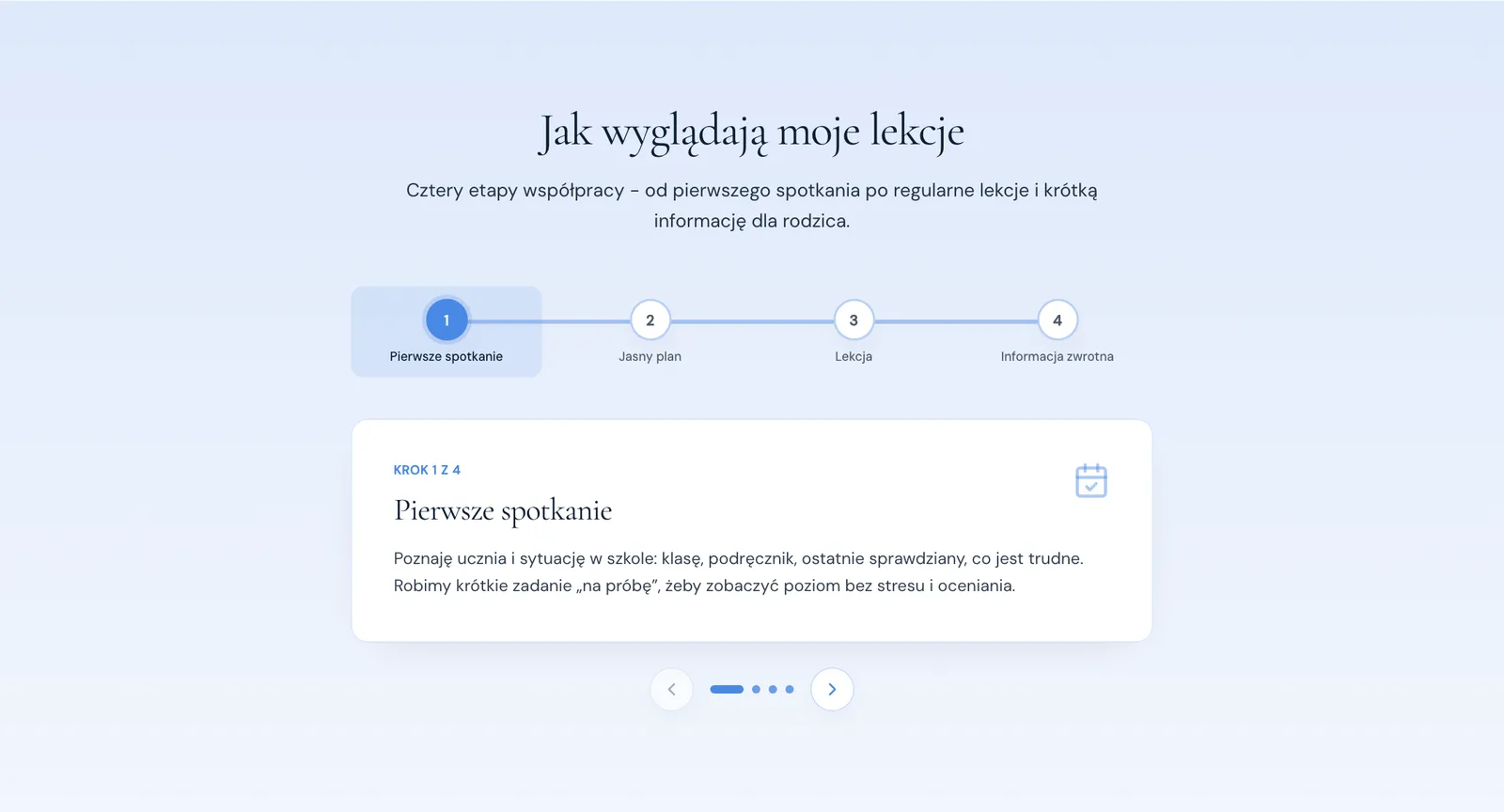 Sekcja „Jak wyglądają moje lekcje" z czterokrokowym stepperem