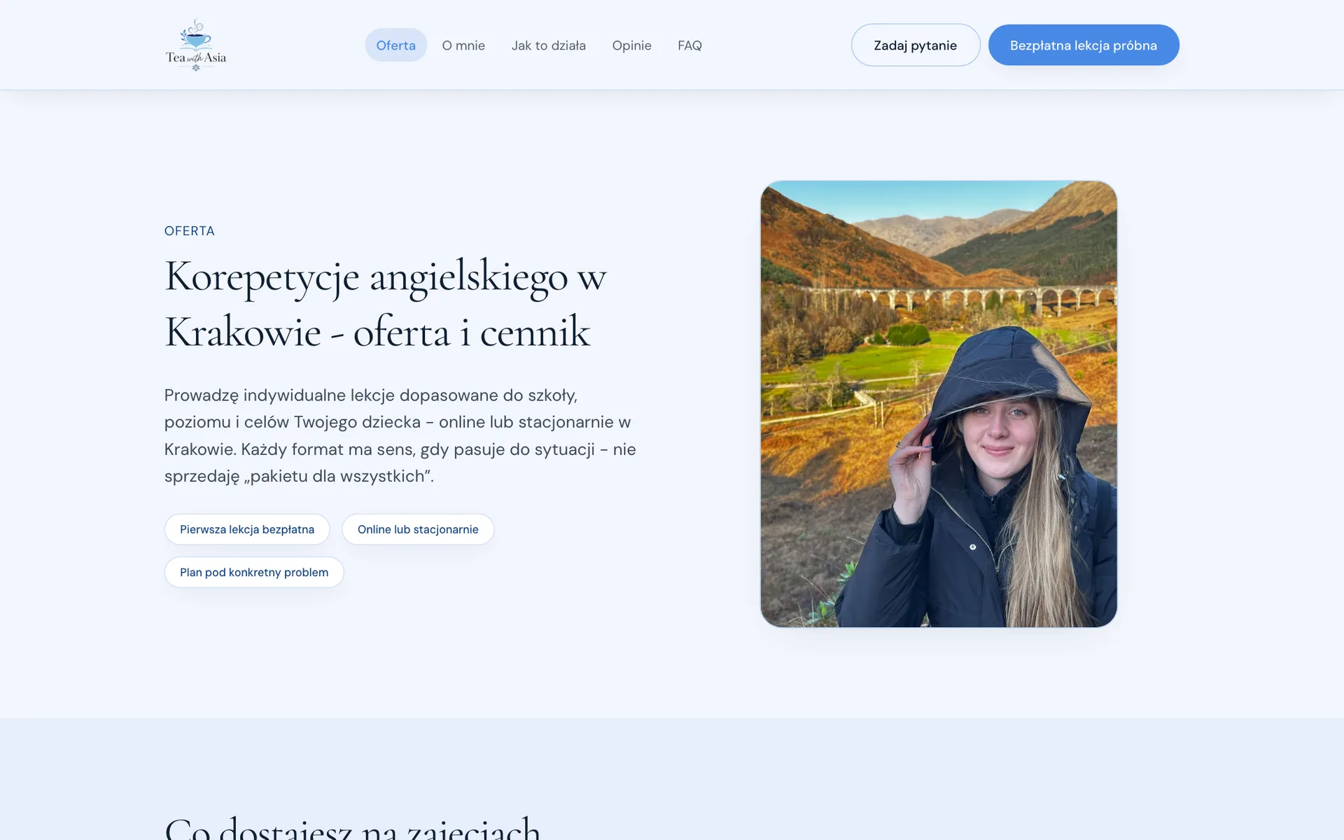 Podstrona oferty z cennikiem trzech pakietów wiekowych