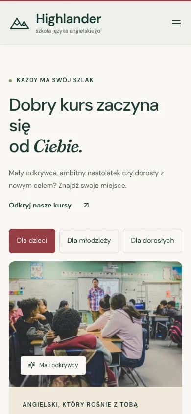 Highlander courses in the mobile layout